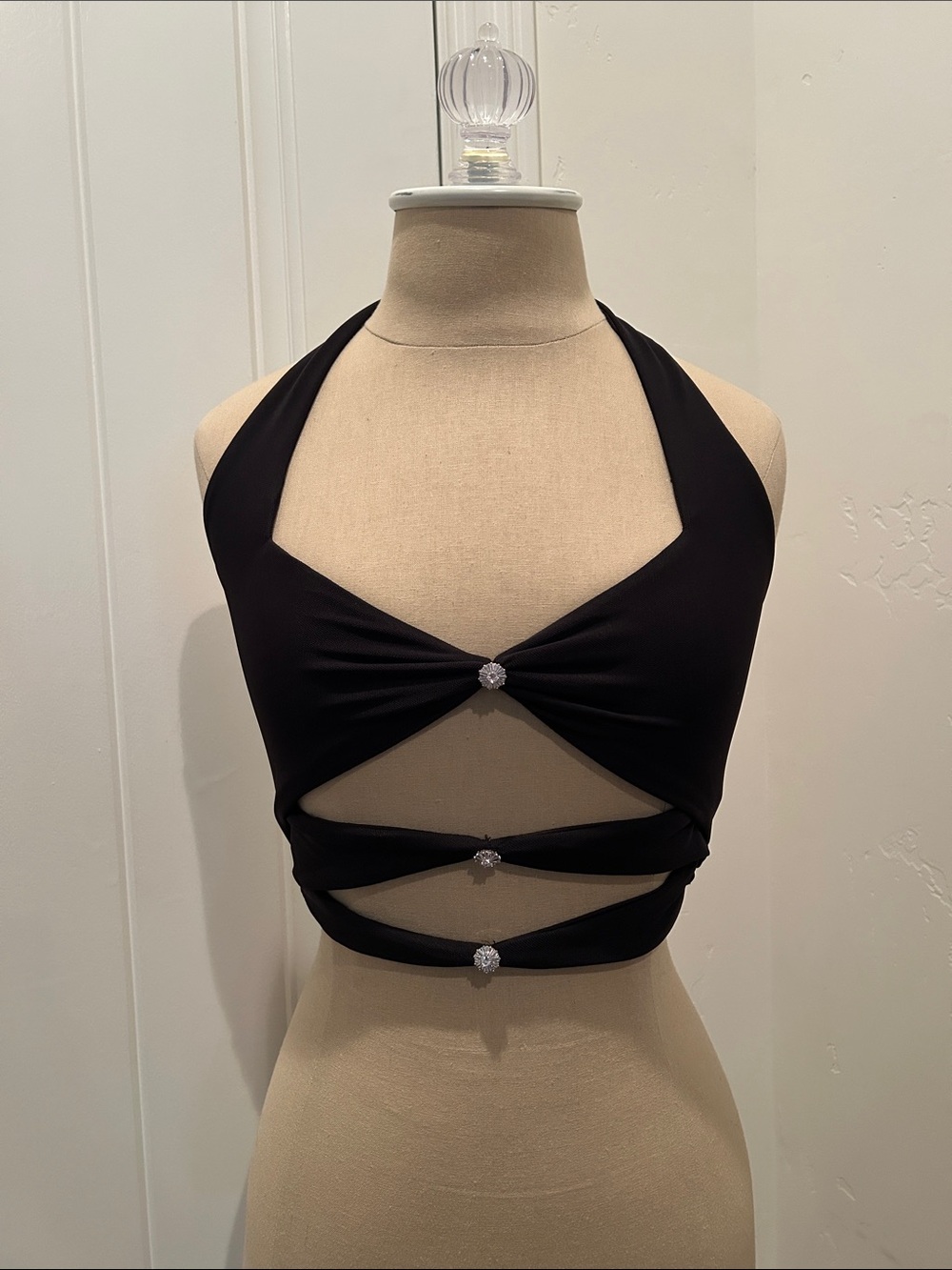 Oh Polly Black Halter Cutout Crop Top with Rhinestone Accents